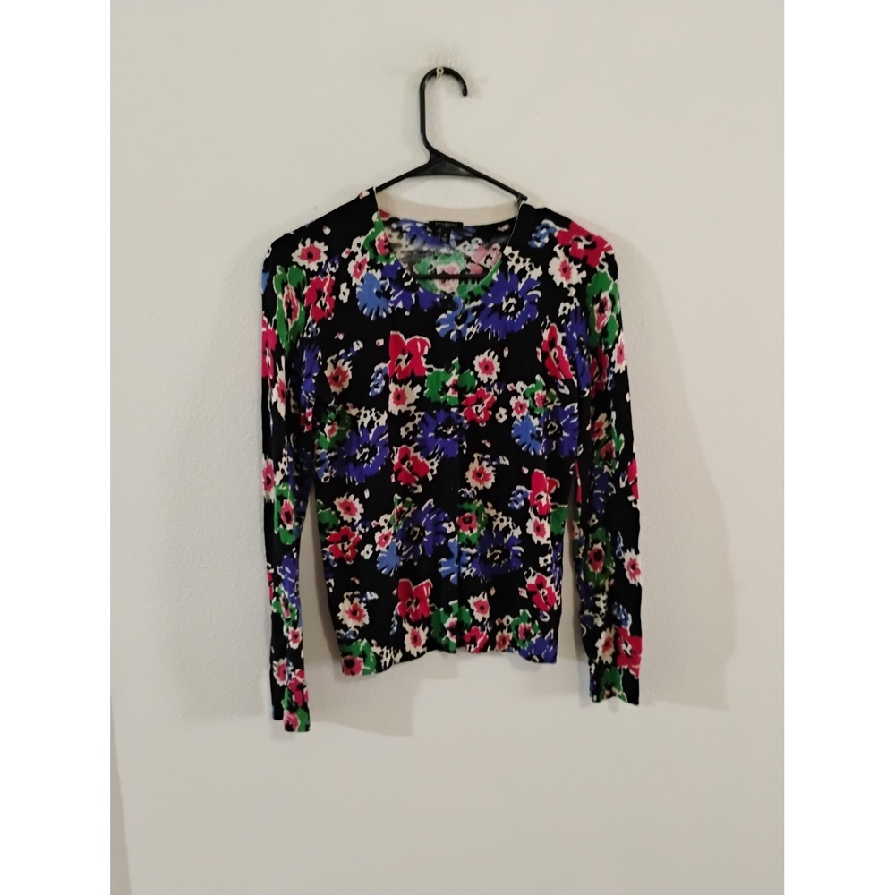 Talbots Petites Floral Cardigan Sweater Black Multi Color Button Front Size P